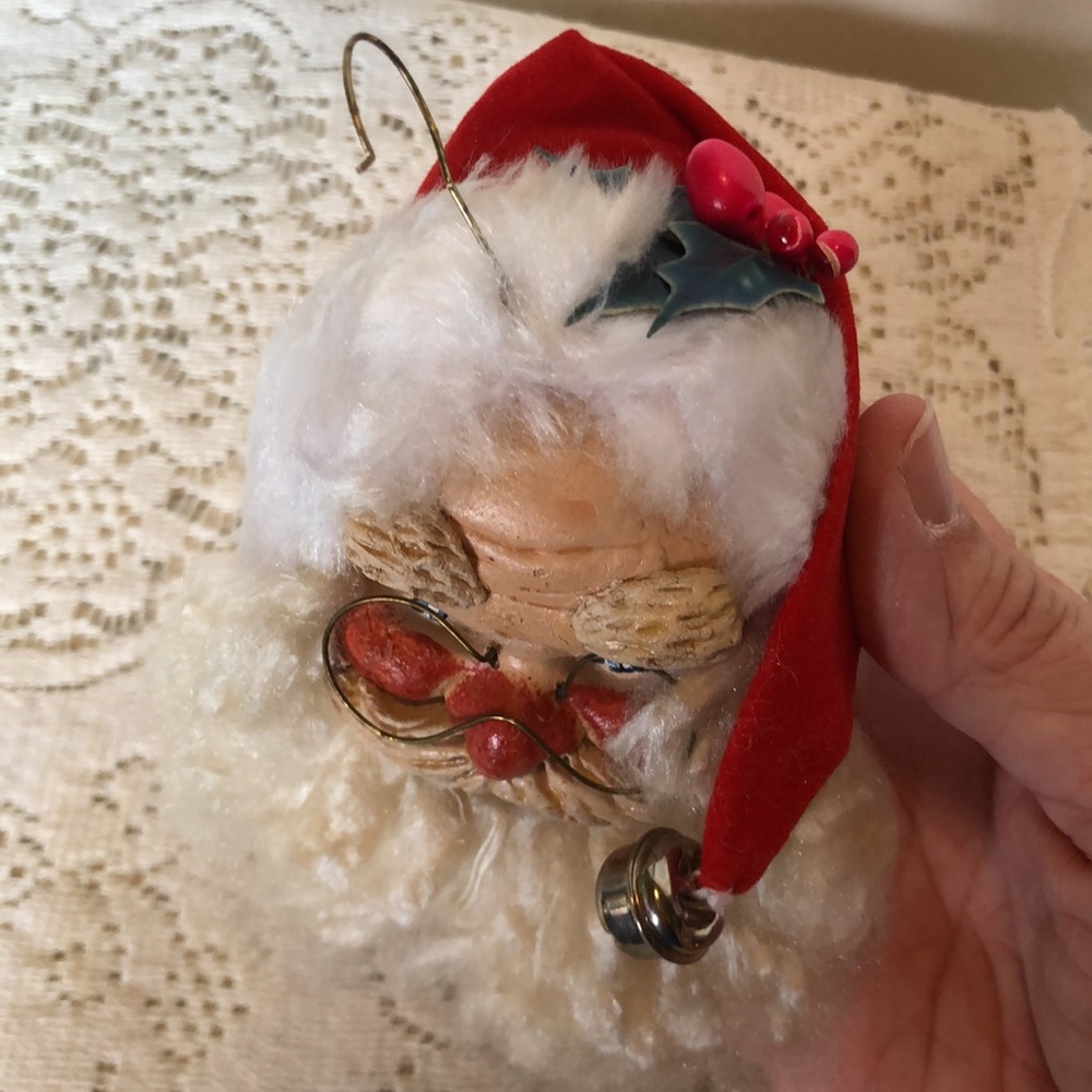 VTG Santa head ornament. Bright red cheeks, bushy eyebrows, fuzzy beard - Picture 8 of 10